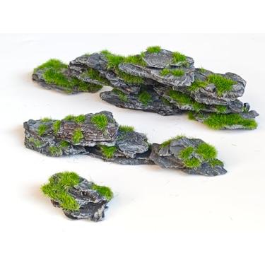 Imagem de Kai Dream Pedras artificiais de ardósia cobertas de flocagem de 24 peças, pedras decorativas de madeira cinza para terrários, ferrovias modelo, jardins em miniatura, jardim zen, suprimentos de diorama