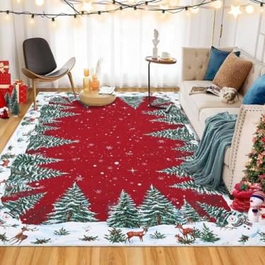 Imagem de GarveeHome Tapete de Natal com boneco de neve vermelho, árvore de veado, decoração de casa de inverno, tapete lavável discreto para entrada, quarto, sala de estar, lavanderia, escritório, interior