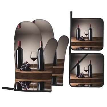 Imagem de Conjunto de luvas de cozinha estampadas de vinho de uva com suportes de tampa, luvas de forno resistentes ao calor para manusear panelas quentes, grelhar, churrascos, kit de 4 peças.