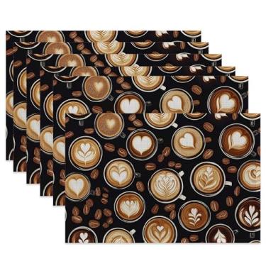 Imagem de Jogo americano de pano, jogo americano de tecido com tema de café, conjunto de 6, tapetes de mesa de grãos de café laváveis, tapetes decorativos para jantar, casa, cozinha, festas de fim de ano, 29 x