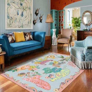 Imagem de Tapete de área de animais fino lavável rosa pastel 15 x 23 cm, tapete vintage tigre guepardo, tapete de blush macio antiderrapante para sala de estar, dormitório, varanda, quarto, berçário, sala de