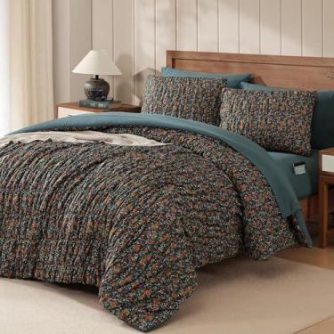 Imagem de BLOOMHAVEN Conjunto de edredom de tamanho casal - 7 peças de cama floral verde escuro para todas as estações, cama de fazenda chique gasto em uma bolsa completa com edredom floral, lençóis, fronhas e