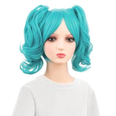 Imagem de WAVELNM Peruca azul petróleo com 2 rabos de cavalo de pressão para crianças, perucas onduladas encaracoladas azul lago com franja Halloween cosplay perucas sintéticas para crianças e meninas