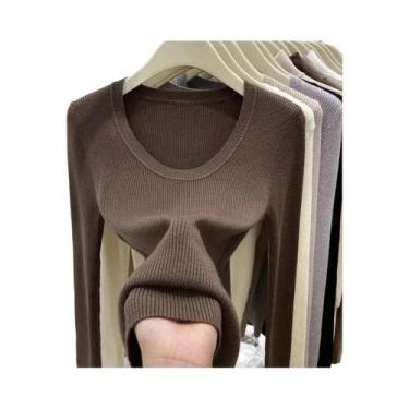 Imagem de Suéter Feminino De Tricô Slim Fit Zjaiss, Cor Sólida, Gola Redonda, Ma