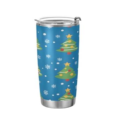 Imagem de YETTASBIN Copo de árvore de Natal com tampa de palha, copo de aço inoxidável de 590 ml, parede dupla, isolada a vácuo, caneca de café de viagem para bebidas quentes e frias