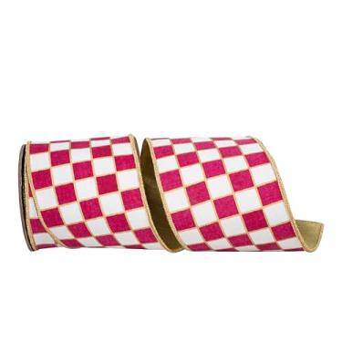 Imagem de Reliant Ribbon Fita de borda com fio dourada delineada em xadrez de luxo, fúcsia/branca