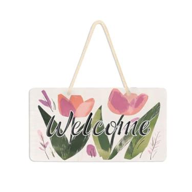 Imagem de Burbuja Placa de boas-vindas de tulipas rosa para porta da frente, placa de boas-vindas de PVC para decoração de férias de casa de fazenda, 15 x 28 cm