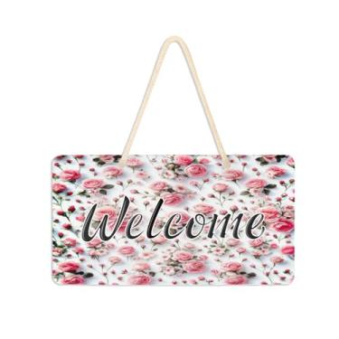 Imagem de Burbuja Placa de boas-vindas rosa rosas para porta da frente, placa de boas-vindas de PVC para decoração de férias de casa de fazenda, 15 x 28 cm