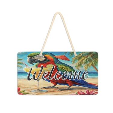 Imagem de Burbuja Placa de boas-vindas Parrot on A Beach para porta da frente, placa de boas-vindas de PVC para decoração de férias, 15 x 28 cm