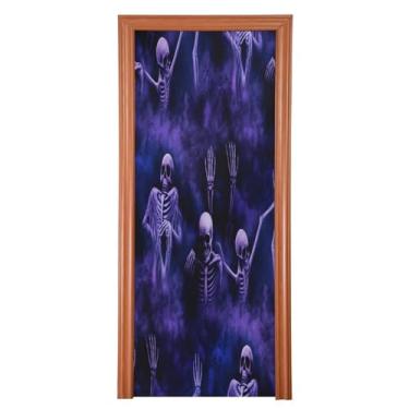 Imagem de Qilmy Decoração de capa de porta 89 x 200 cm tecido grande placa de decoração de festa de Halloween para porta da frente Halloween crânio varanda decoração externa janela parede 747
