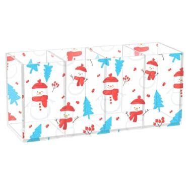 Imagem de Burbuja Porta-canetas de acrílico Snowmen Tree com 4 compartimentos, suporte de lápis transparente para pincéis de maquiagem, acessórios de mesa de escritório em casa