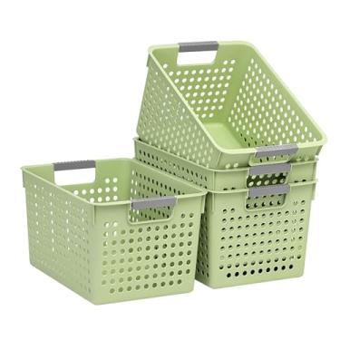 Imagem de Soddeph Pacote com 4 cestas de armazenamento profundas de plástico com alças, caixas organizadoras de cubbies com design oco para embaixo do balcão, armário, cozinha ou banheiro 31 cm × 22 cm × 17,5