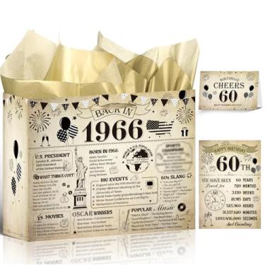Imagem de Wxiben Bolsa de presente de aniversário de 60 anos – Bolsa de presente de aniversário de 60 anos para mulheres e homens, decorações de embrulho vintage com alças de papel de seda, pôster de cartão