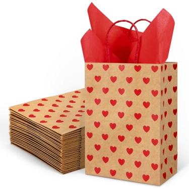 Imagem de Whaline Conjunto de 24 sacos de presente de papel kraft de dia dos namorados com alças de papel de seda vermelho coração petisco doces sacos de lembrancinhas para aniversário, dia das mães, chá de