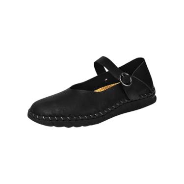 Imagem de Sandálias rasteiras femininas de couro casual verão bico redondo com design combinando, calçados deslizantes para uso interno e externo, Preto, 38