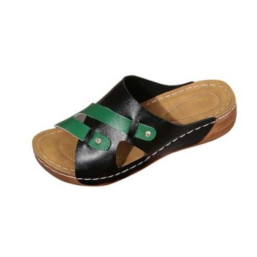 Imagem de Tênis feminino Roman Leisure Bow Step com salto cunha e combinação de cores para uso casual, adequado para uso diário ao ar livre e interno com material PU de salto de 4,5 cm, Preto, 34