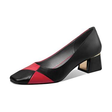 Imagem de TinaCus Sapato feminino de couro legítimo, bico quadrado, feito à mão, confortável, salto baixo grosso, sem cadarço, cores sortidas, Vermelho, 40