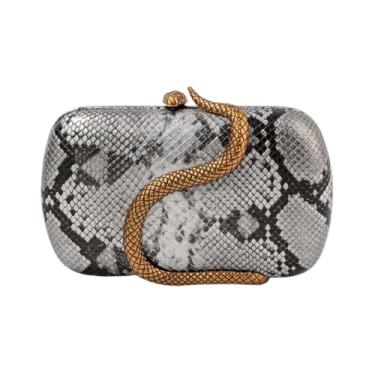 Imagem de PSBIY Bolsa feminina de couro PU para noite moderna com estampa de cobra decorativa com bolsa de ombro de cobra de metal para festa e banquete, Prata, Moderno