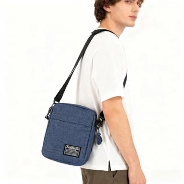 Imagem de Mini bolsa transversal multifuncional - bolsa de telefone de lona com alça ajustável unissex casual esportiva bolsa quadrada, Azul, Retrô