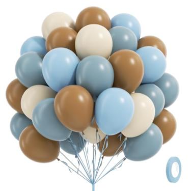 Imagem de 60 balões azuis e marrons de 30 cm com balões brancos de areia azul pastel empoeirado marrom para um biscoito doce, aniversário, revelação de gênero, decorações de festa de chá de bebê