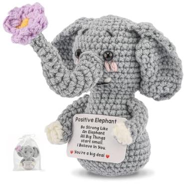 Imagem de Mini Positive Crochet Animals Elephant with Message Card Emotional Support Crochet Plush Encouragement Funny Christmas Birthday Gifts for Women Elephant Gift for Women Friend Decor for Home Office