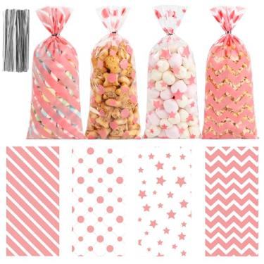 Imagem de QOIUSO Sacolas duráveis de celofane rosa – 100 peças, saco de presente transparente de plástico de 12 x 28 cm com gravatas, sacos de celofane com listras e padrões de estrelas para Natal, aniversário