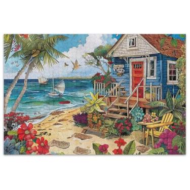 Imagem de Quebra-cabeça para adultos com pintura de praia, ilha, cabana, 1000 peças, decoração de arte, pintura, paisagem, quebra-cabeça engraçado