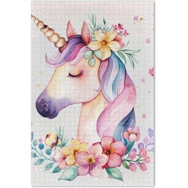 Imagem de Quebra-cabeça de flor de unicórnio fofo em aquarela, 1000 peças, adultos, flor, animal, homens, presentes exclusivos para jogos