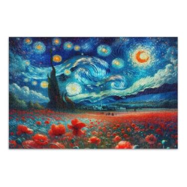 Imagem de Quebra-cabeças adultos noite estrelada e flores vermelhas com letras nas costas 1000 peças