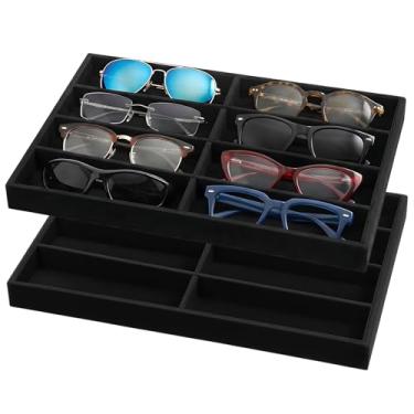 Imagem de IANFAN 2 bandejas organizadoras de óculos de sol, 8 grades de veludo, organizador de óculos, relógios, joias para homens e mulheres (35 x 24 x 3 cm)