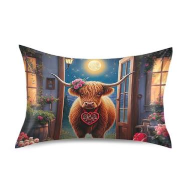 Imagem de Cute Highland Cow Moon Night Standard Queen King Size Travesseiros de cetim para presentes refrescantes de cabelo decoração de cama tamanho king size 101,6 cm x 50,8 cm