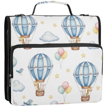 Imagem de Fichários duráveis com 3 anéis, anel D de 3,8 cm, balões de ar quente em aquarela, azul e branco, organizador de fichário com zíper, vários bolsos, pasta de portfólio grande, bolsa para fichário do