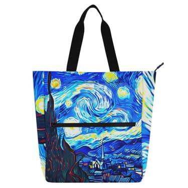 Imagem de GAIGEO Sacola feminina azul estrelada para trabalho noturno, bolsas de tecido de lona, faculdade, escola, professores, bolsas com compartimentos