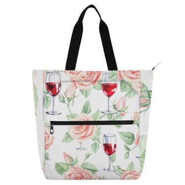 Imagem de GAIGEO Sacola de rosas em aquarela com estampa de taças de vinho, bolsa de livros com zíper para mulheres, crianças, escola, trabalho