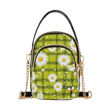 Imagem de GAIGEO Bolsa tiracolo de mosaico de estilo abstrato colorido, bolsa tiracolo feminina, bolsa leve para mulheres, Xadrez verde com margaridas brancas-4, One Size