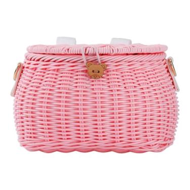 Imagem de oshhni Cesta infantil para bicicleta com tampa, portátil, em tecido trançado, acessório para bicicleta, bolsa transversal para uso externo, cesta para guidão