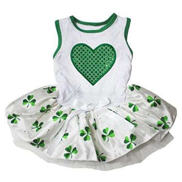 Imagem de Petitebella Vestido de cachorro com coração de lantejoulas verdes (branco/trevo (laço branco), PP)