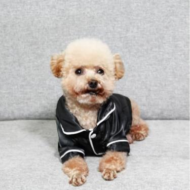 Imagem de Layheld Pijama elegante de cetim com laço e faixa de cabeça, conjunto de 2 peças, roupa de dormir para animais de estimação, cosplay, vários tamanhos para gatos e cães pequenos (conjunto preto, PP)