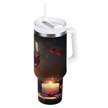 Imagem de Blueangle Copo isolado de vinho e rosas de 1,134 g com alça e tampa de palha, caneca de viagem reutilizável de aço inoxidável (275)