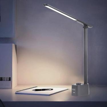 Imagem de Horett Lâmpada de mesa rotativa com suporte de caneta, 5 temperaturas de cor, lâmpada de leitura dobrável com regulação de intensidade de luz, porta de carregamento USB, visor digital para casa