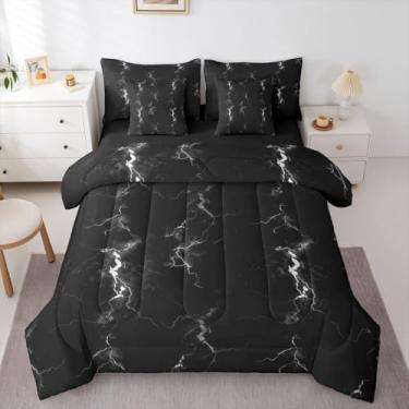 Imagem de Erosebridal Conjunto de edredom completo com estampa de relâmpago, preto, cinza, 7 peças | Cama abstrata em uma bolsa para quarto, arte ombré moderna, conjunto de cama com edredom, decoração estética