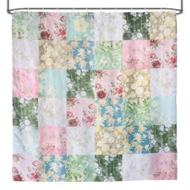 Imagem de DJAPWPX Cortina de chuveiro Boho com 12 ganchos de plástico, patchwork com tema floral, estilo floral de meados do século, cortina de banho retrô vintage para decoração de banho boho, tecido