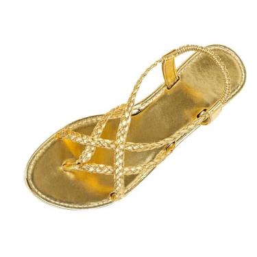 Imagem de Sandálias rasteiras femininas casuais romanas com peep toe e alças ajustáveis, para primavera e verão, Dourado, 38