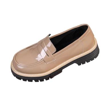 Imagem de Mocassins femininos casuais de salto redondo, sem cadarço, salto médio, Caqui, 36