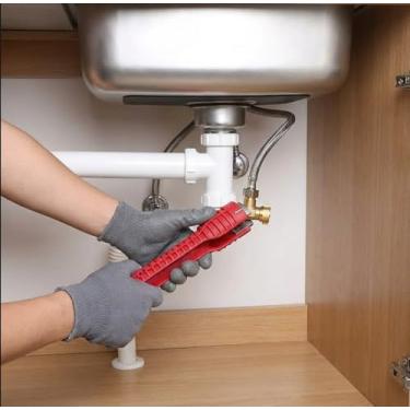 Imagem de Chave de pia de alumínio vermelho multifuncional – ferramenta versátil para fácil instalação e reparo de banheiro, durável com alça de borracha, 5 em 1