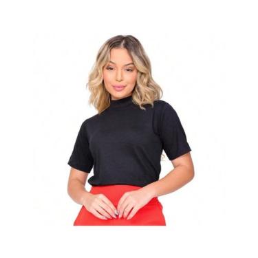 Imagem de Blusa Manga Curta Gola Alta Malha Ribana Canelada Feminina Básica Eleg