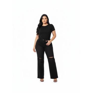 Imagem de Calça Jeans Feminina Wide Leg Preta Rasgada Plus Size Lycra - By Reemb