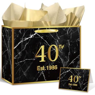 Imagem de Yoirrat Bolsa de presente de aniversário de 40 anos de ouro preto com papel de embrulho e cartão grande Est. 1986 Bolsa de presente de mármore para homens e mulheres 40 anos de idade artigos de festa