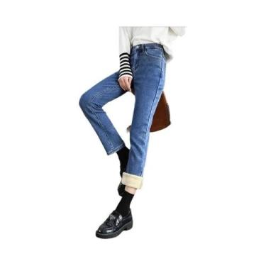 Imagem de Calças Jeans Femininas De Inverno Em Fleece Quente, Slim, Retas, Retro