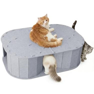 Imagem de PETKARAY Grande túnel de feltro, refúgio duplo em forma de S para gatos internos, cama de gato interativa caverna e esconderijo, 86 x 58 x 26 cm, cinza